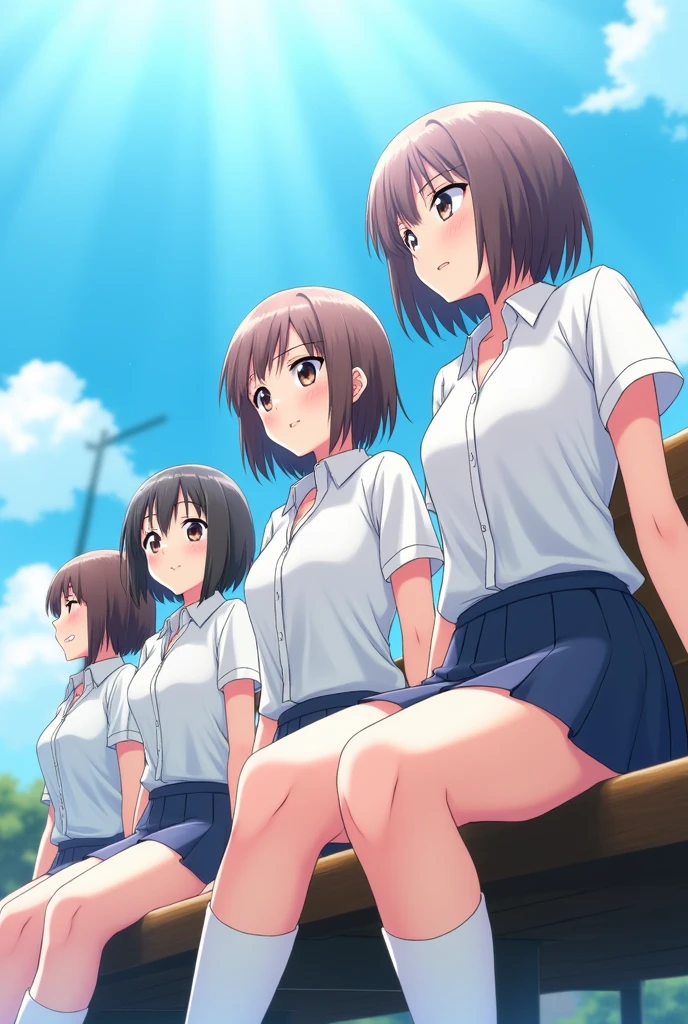 SFW, top-quality, masterpiece, beautiful high school girls in uniforms are sitting on bench seat, Girl has open legs, She has medium bob hair, (kawaii:1.2), small breasts, The sky is blue, the sunlight is strong, and the scene is captured from a low-angle perspective, Medium bob hair, lightbrown hair, small breasts, (flat chest:1.2), Open legs, showing panties, white panties, (wet pussy:1.12), red blush, White blouses, pleatedskirt, high socks, lowfers,