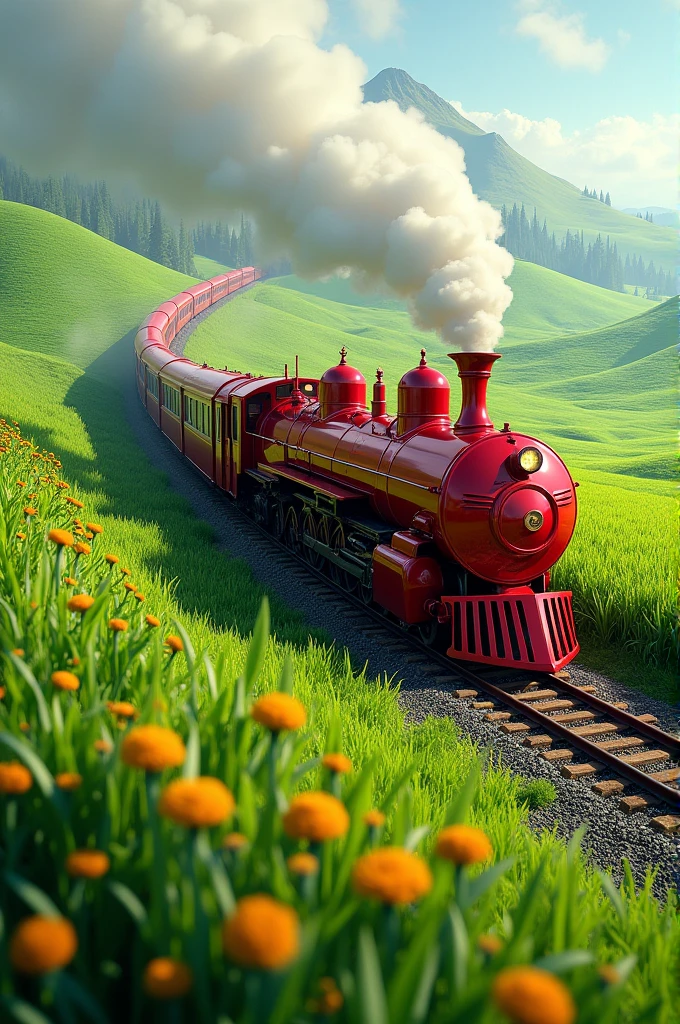 A beautiful red train running through beautiful fields. 