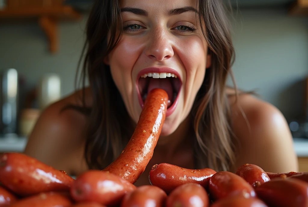 put sausage in mouth,Heaps of sausages in both hands,muscular woman Eating penis shaped sausage 　battle contest,in kitchen stadium,