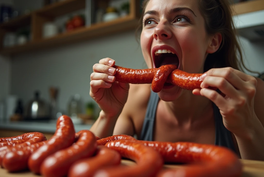put sausage in mouth,Heaps of sausages in both hands,muscular woman Eating penis shaped sausage battle contest,in kitchen stadium,