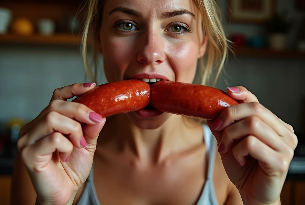 put sausage in mouth,Heaps of sausages in both hands,muscular woman Eating penis shaped sausage battle contest,in kitchen stadium,