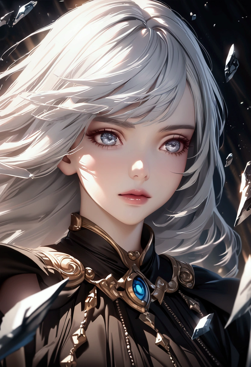 Diamond eyes, dark fantasy, white hair, broken glass shards, motion blur, dynamic lighting, close-up, UHD, high quality, anime, realistic