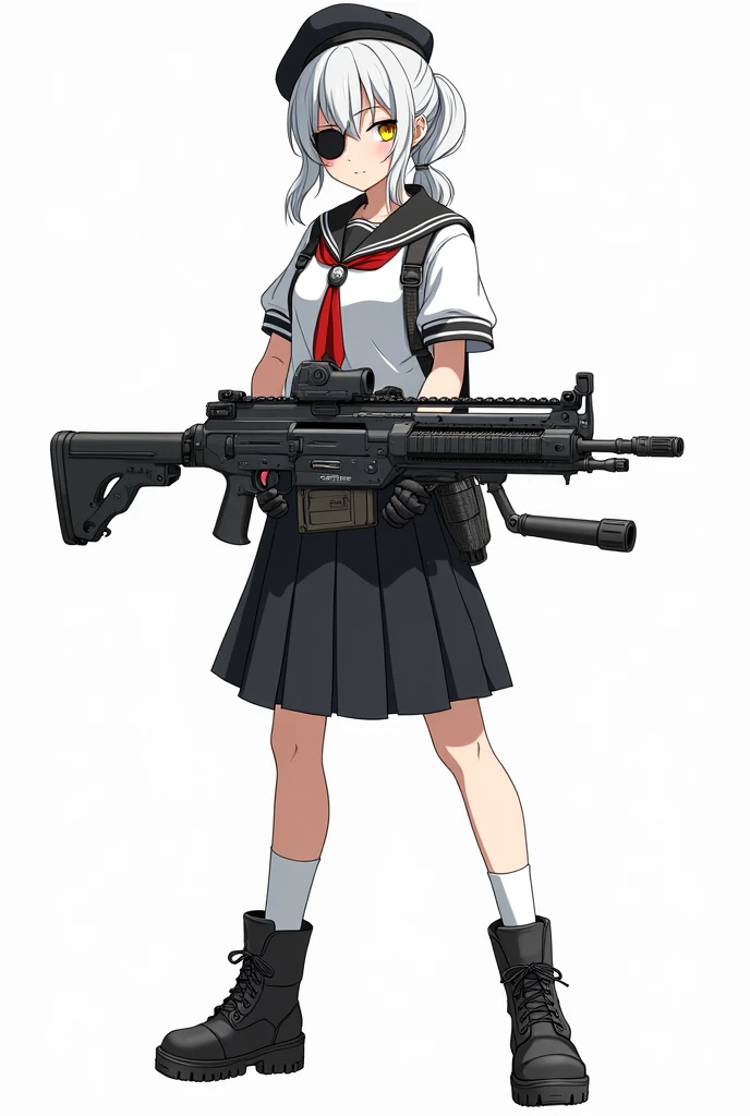 white short ponytail hair yellow eye with black eye patch anime girl wearing black school uniform, short skirt, long white socks, tactical gloves, tactical boots, black beret while holding a futuristic assault rifle. Manga art style. White background