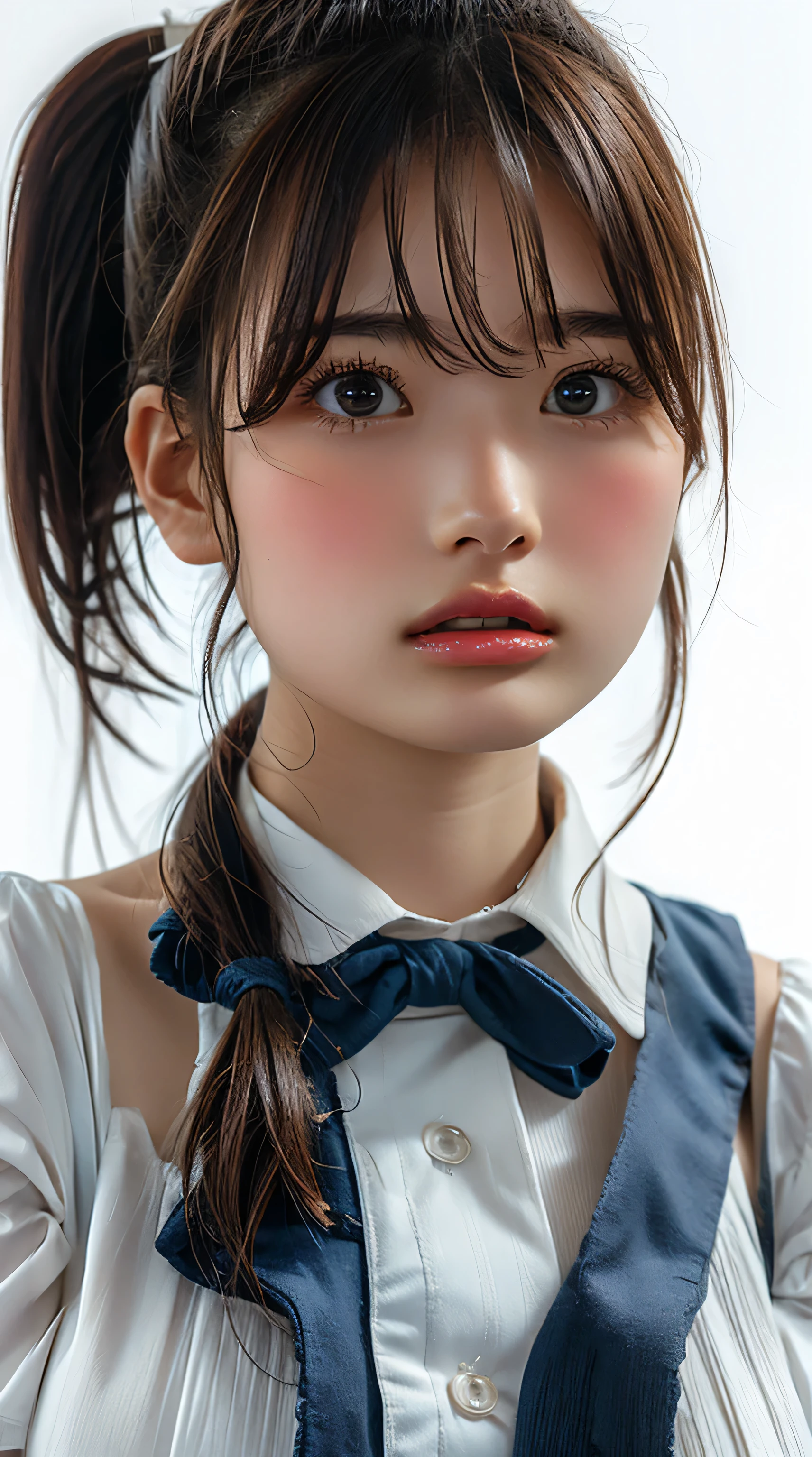 (Highest quality、Tabletop、、Best image quality、Award-winning works)、Cute school girl、けたWhite polyester collared shirt、Short sleeve:1.4)、(Navy Pleated Skirt:1.1)、Portrait of、Glowing Skin、Brown Hair、Are standing、Sculpture Pose、(The simplest pure white background:1.1)、(Extremely large face and larger breasts:1.8)、Accentuate your body lines:1.1)、Very large red ribbon tie、((High point ponytail:1.35))、smile、((Half naked))