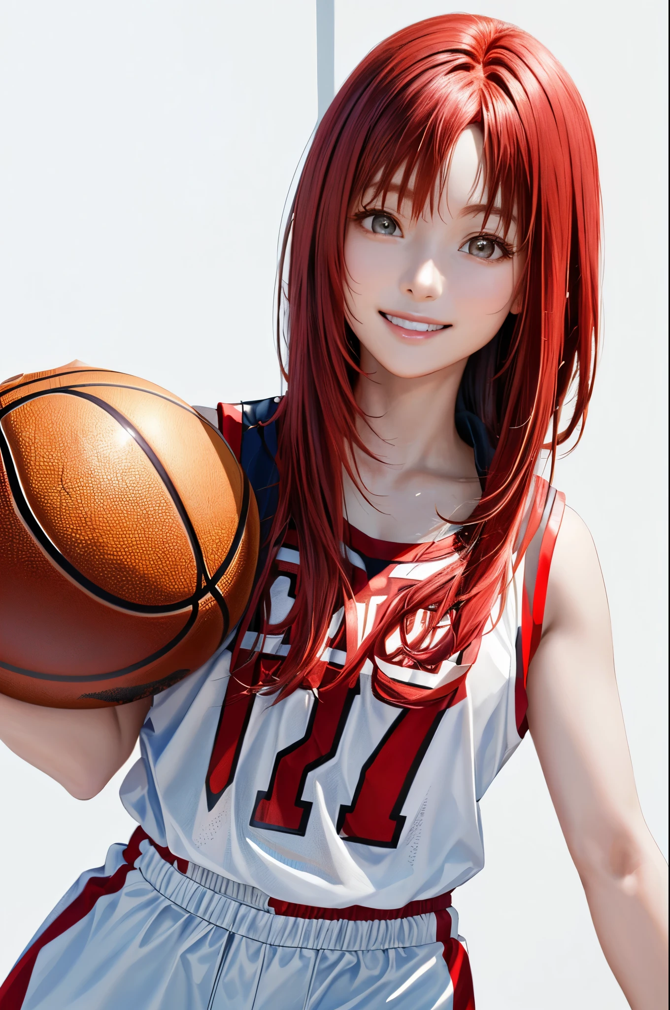 (((Highest quality、8k、32K、masterpiece)))、(Realistic)、(Photorealistic:1.2)、(High resolution)、Very detailed、Very beautiful face and eyes、1 person、Round and small face、Narrow waist、Delicate body、(close、Highest quality、Attention to detail、Rich skin detail)、(Highest quality、8k、Oil paints:1.2)、Very detailed、(Realistic、Realistic:1.37)、Bright colors、(((Red hair)))、(((Cowboy Shot)))、(((Medium Hair)))、(((Pure white wall background)))、(((Wearing a basketball uniform)))、(((White and red basketball outfit)))、(((smile)))、(((One female)))、(((Tank top style uniform)))