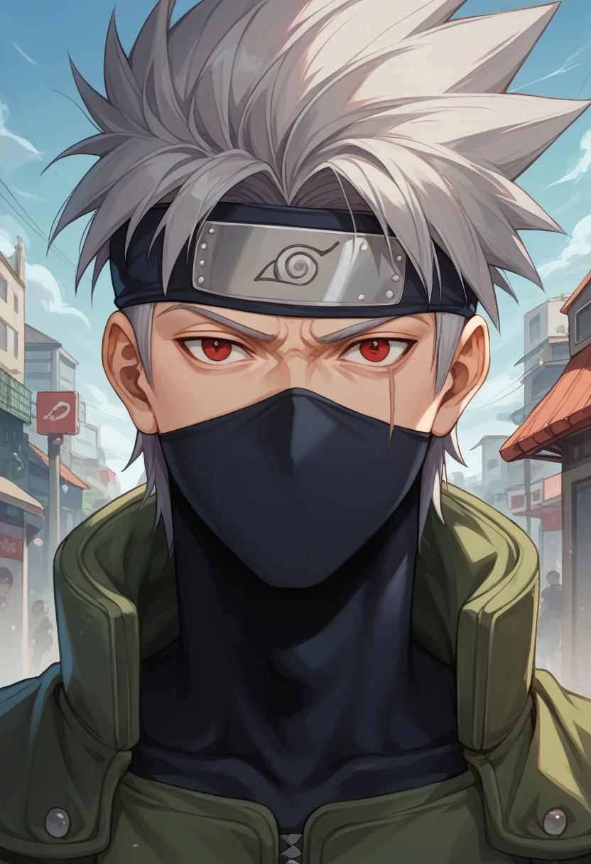 Masterpiece, best quality, 8k wallpaper, Sharingan, Chidori, 1boy, kakashi, grey hair, covered mouth, mouth mask, red eye, scar across eye, forehead protector, (urban outfit:1.2), y2k style, full body