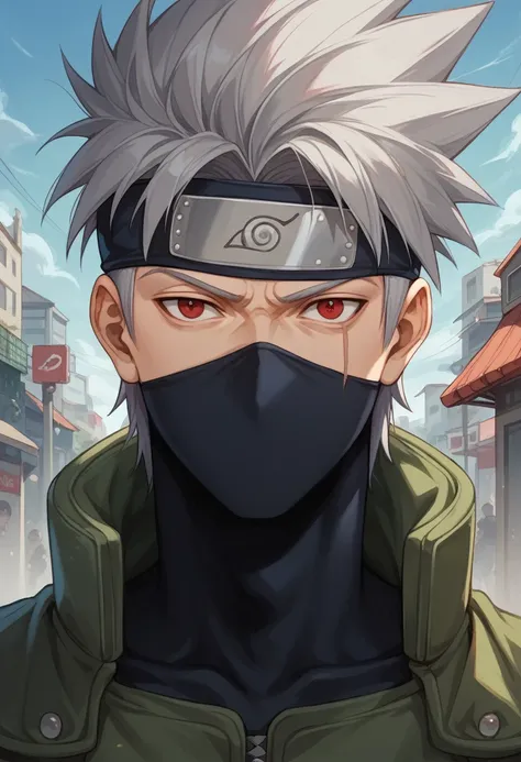 masterpiece, best quality, 8k wallpaper, sharingan, chidori, 1boy, kakashi, grey hair, covered mouth, mouth mask, red eye, scar ...