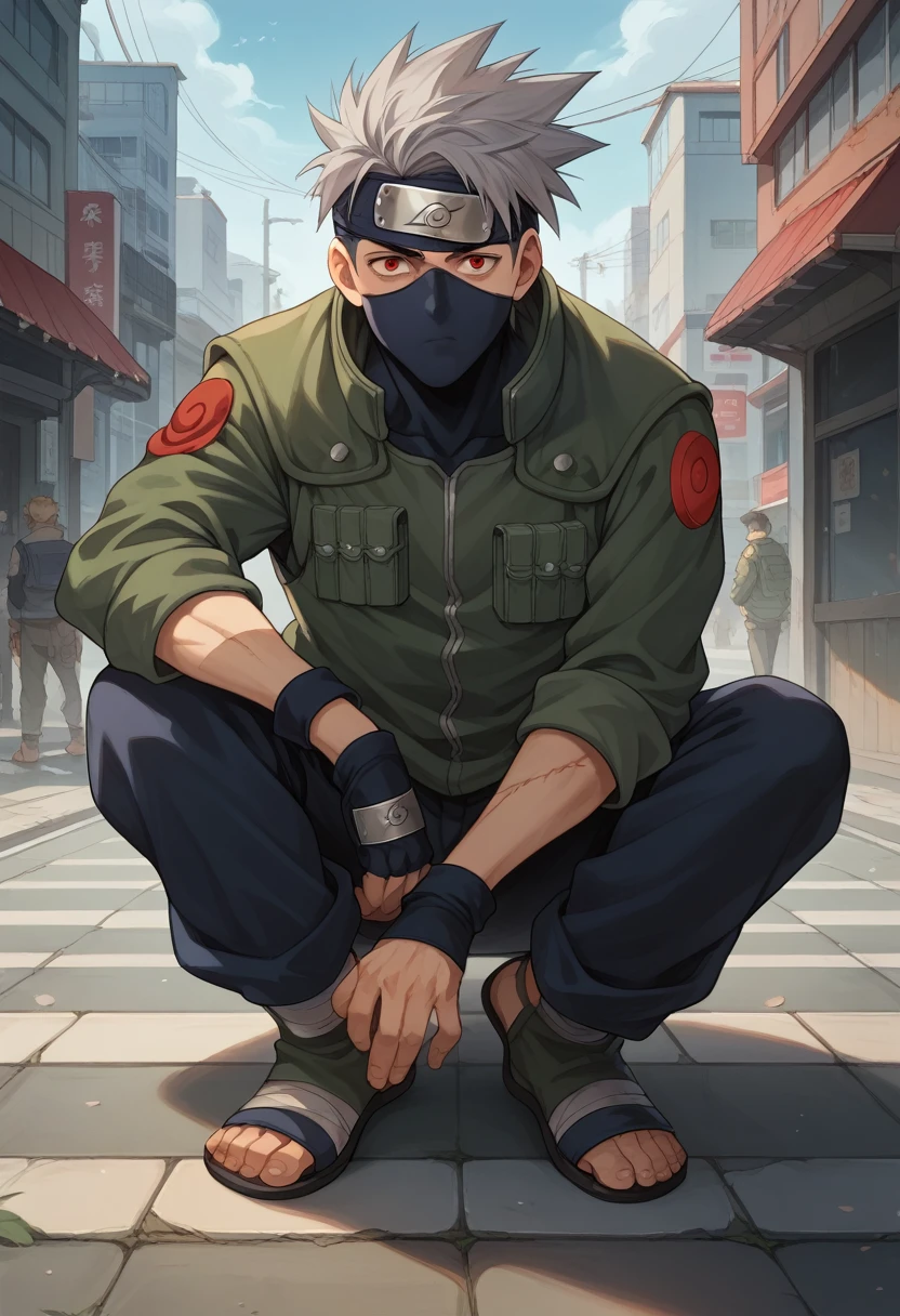 Masterpiece, best quality, 8k wallpaper, Sharingan, Chidori, 1boy, kakashi, grey hair, covered mouth, mouth mask, red eye, scar across eye, forehead protector, (urban outfit:1.2), y2k style, full body