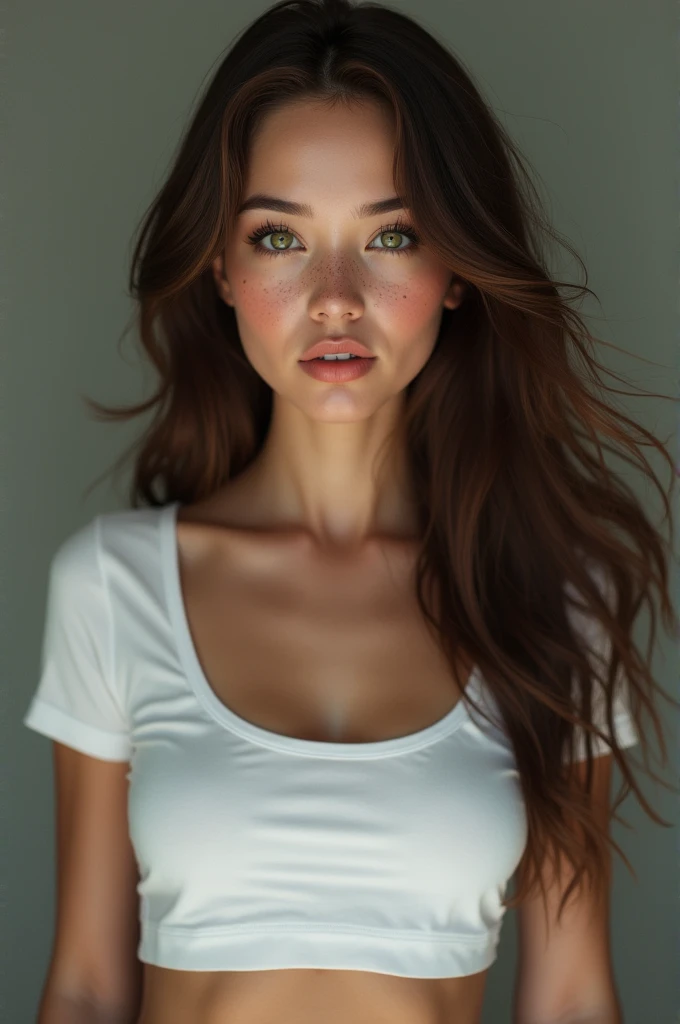 White woman with brown hair, green eyes, freckles on the nose, pronounced cheekbones, of medium build and large breasts with a tight fit, white cropped t-shirt