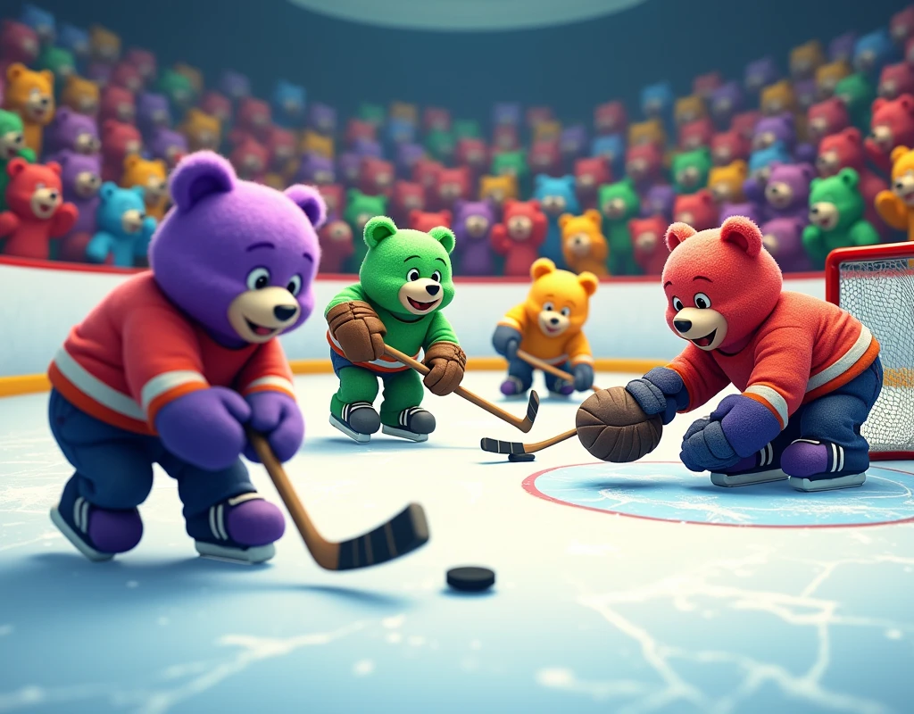 A whimsical scene of animated, friendly-looking bears engaging in an ice hockey game. These aren't ordinary bears though, they're brightly colored - there's a vibrant purple bear and a neon green one, both with cheerful, friendly smiles. They're dressed in classic ice hockey uniforms, complete with pads, helmets, and skates, and are on a sleek, polished ice rink. One bear is trying to score a goal with a puck, while others are spread strategically across the rink, some trying to defend their goal, others ready to steal the puck. One even serves as a goalie, sporting an entertainingly oversized catcher's mitt. In the background, a crowd of similar multicolored bears enthusiastically cheers, making for a charming and lively atmosphere.