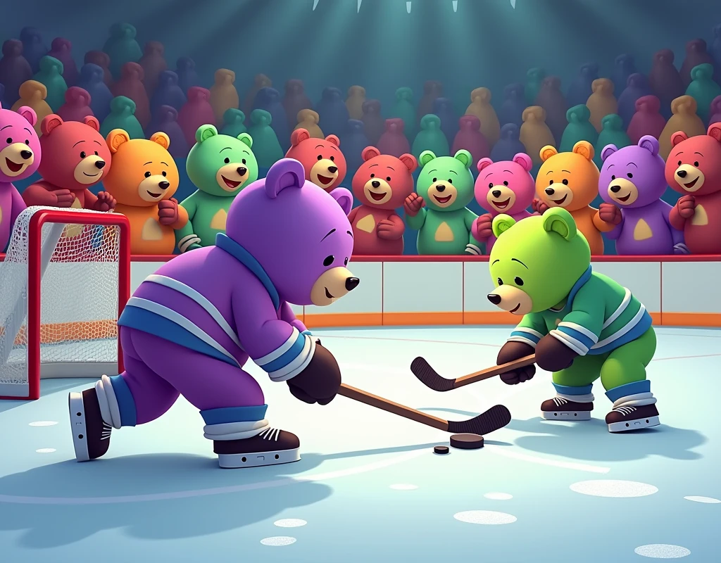 A whimsical scene of animated, friendly-looking bears engaging in an ice hockey game. These aren't ordinary bears though, they're brightly colored - there's a vibrant purple bear and a neon green one, both with cheerful, friendly smiles. They're dressed in classic ice hockey uniforms, complete with pads, helmets, and skates, and are on a sleek, polished ice rink. One bear is trying to score a goal with a puck, while others are spread strategically across the rink, some trying to defend their goal, others ready to steal the puck. One even serves as a goalie, sporting an entertainingly oversized catcher's mitt. In the background, a crowd of similar multicolored bears enthusiastically cheers, making for a charming and lively atmosphere.