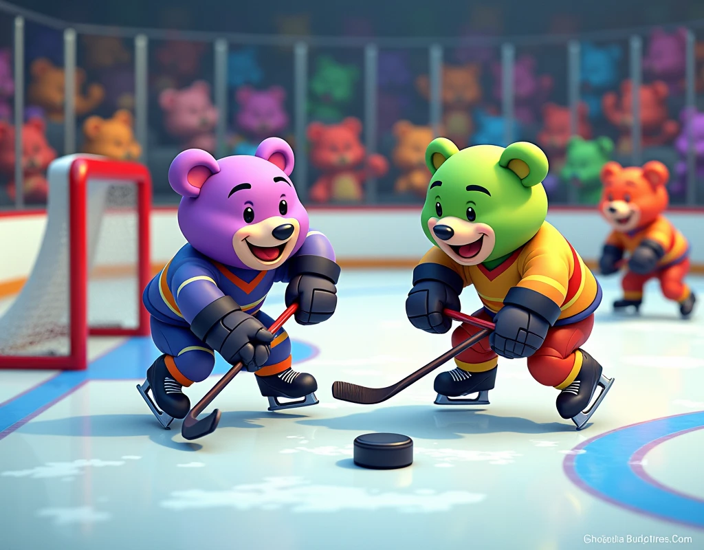 A whimsical scene of animated, friendly-looking bears engaging in an ice hockey game. These aren't ordinary bears though, they're brightly colored - there's a vibrant purple bear and a neon green one, both with cheerful, friendly smiles. They're dressed in classic ice hockey uniforms, complete with pads, helmets, and skates, and are on a sleek, polished ice rink. One bear is trying to score a goal with a puck, while others are spread strategically across the rink, some trying to defend their goal, others ready to steal the puck. One even serves as a goalie, sporting an entertainingly oversized catcher's mitt. In the background, a crowd of similar multicolored bears enthusiastically cheers, making for a charming and lively atmosphere.