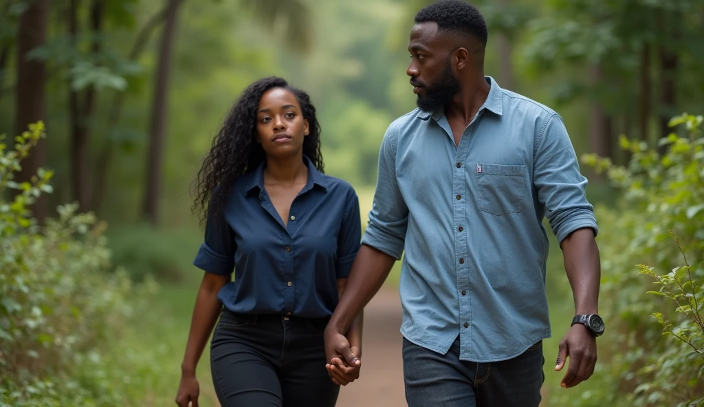 the best photo, the most realistic ,Clareza 4K, black female , black hair with long length ,age 25 ,Dark blue cotton shirt with black pants, Delicate face, long hair, ebony skin , .the woman is distracted (woman is not looking at the photo ) ,man is holding her hand as if he is taking her somewhere, and in the background there is a forest with bushes. 1 black man , aged 50, fatter ,african hair, sem beard , wearing a light blue dress shirt, black boot, and dark jeans