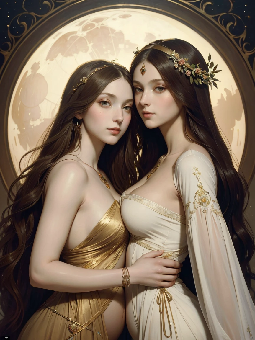 (masterpiece, highest quality, official art, beauty and aesthetic:1.5), oil painting by Leonardo da Vinci and Alfons Maria Mucha, (perfect anatomy), two gorgeous and stunning pale-skinned young pregnant goddesses is deeply in love with each other, kiss, fantastic make-up, jewelry, romantic atmosphere, flower and moon, magnificent panorama view