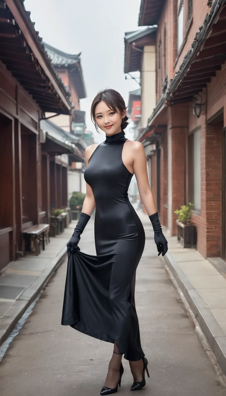 (masterpiece,Highest quality,Ultra-high resolution),Japanese women,Smiling, (((A very beautiful 2))),Big Breasts、Breast bag、Cleavage line on the dress、((Black high-neck long dress in satin)),(Tight fit),No sleeve、Satin opera gloves、Opera gloves are elbow length、Satin knee-high socks、Satin has a very strong sheen、Walking towards me with his arms spread wide