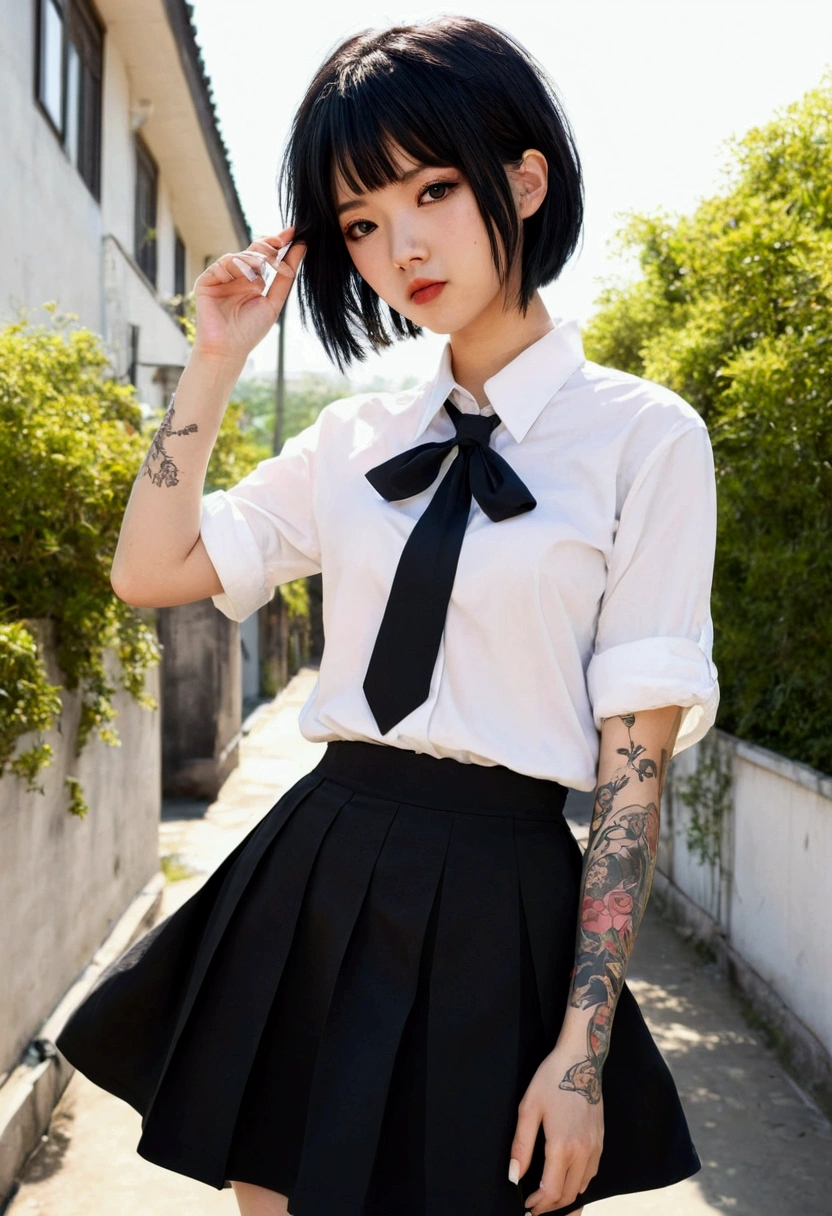 score_9, score_8_up, score_7_up, 1girl, sketch, detailed background, Asian, white shirt, black skirt, rolled up sleeves, sunny, lovely, hime cut hair, scowl, black lips, black eyes, tattoos