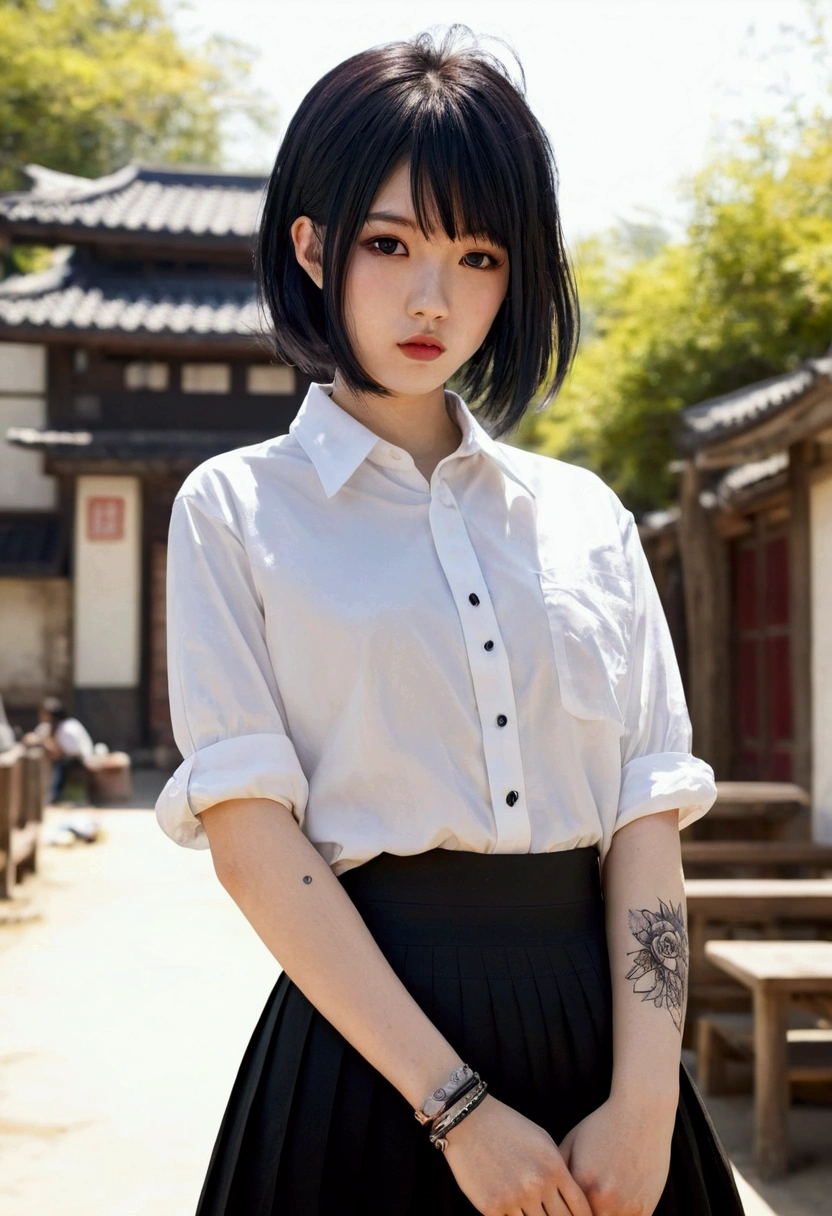 score_9, score_8_up, score_7_up, 1girl, sketch, detailed background, Asian, white shirt, black skirt, rolled up sleeves, sunny, lovely, hime cut hair, scowl, black lips, black eyes, tattoos