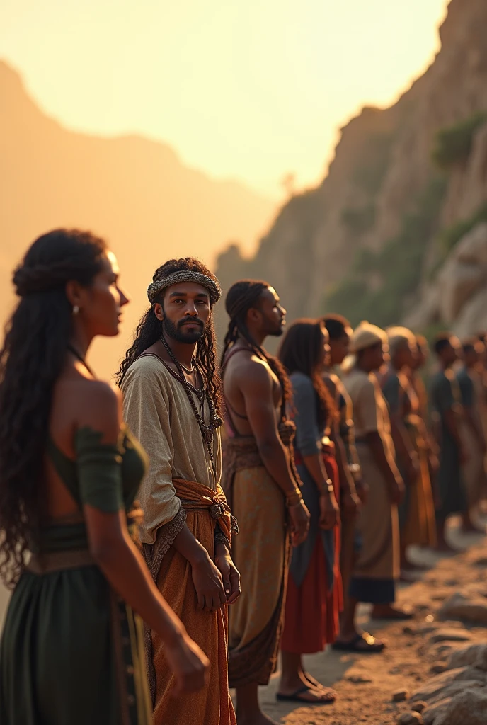 The Power of Unity: "A diverse group of people standing hand-in-hand, forming a human chain across a rugged mountain landscape at sunset, symbolizing unity and strength in diversity. The golden light of the setting sun casts a warm glow on their faces, highlighting their expressions of determination and hope. Each person represents a different background and culture, but together they stand as a solid, unbreakable chain, showing the power of coming together to overcome any obstacle."