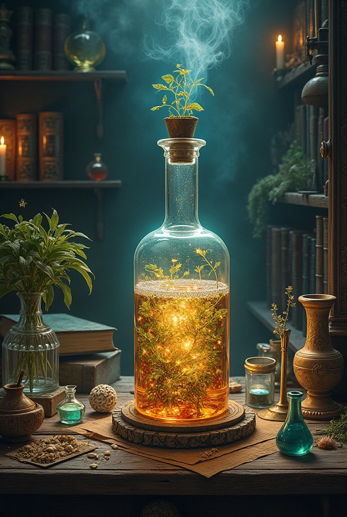 potion with herbs, painting, illustration, hyper realistic, intricate detail, ancient magic harry potter theme