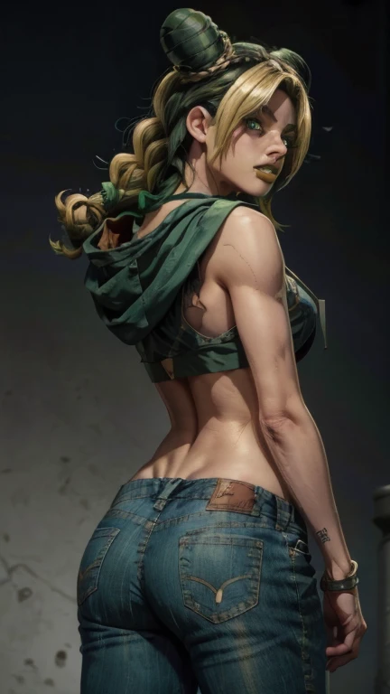 1 girl, standing alone, jolyne, greeneyes, lips, ssmile, cloused mouth, looking back, shorts jeans, hooded cloak, simple background, he finished, from behind, in this, shorth hair