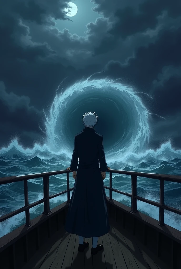 Sakata Gintoki from Gintama,Hands holding the ship's barrier,Standing at the edge of the ship's deck and looked at the sea.with feelings of sadness, resignation.The ship is in the middle a very large whirlpool. The sky was a thick, heavy storm. Night time.The picture was taken from the Back side using drone