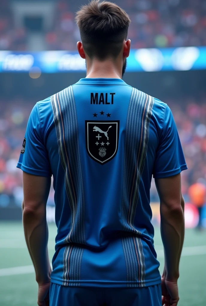 Blue shirt with thick silver lines running across the shirt from top to bottom, name and number on the back in black and shield on the left chest, black shield with 4 upper points and 1 lower point and a cat sitting in the middle.