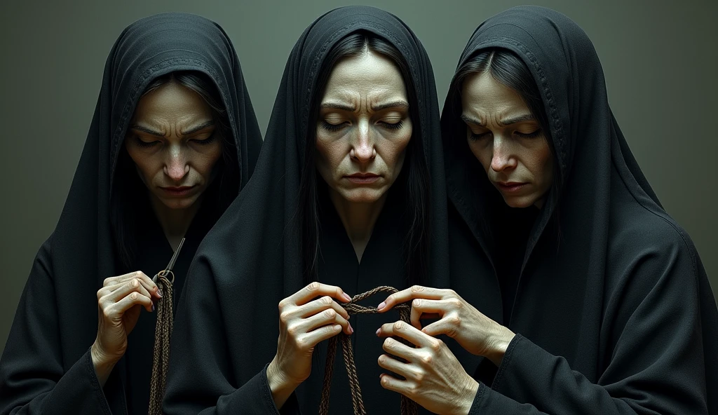 Act as the Three Fates from Greek mythology, known as Clotho, Lachesis, and Atropos. OLD WOMAN. black hair, wince, longeyelashes, IMAGEM SOMBRIA COM VEU NA CABEÇA, a mulher da esquerda SEGURANDO UMA TESOURA. A mulher da direita enrolando UM NOVELO DE LÃ, a mulher do meio tecendo os fios, masterpiece, anatomically correct, award winning, best quality, highres