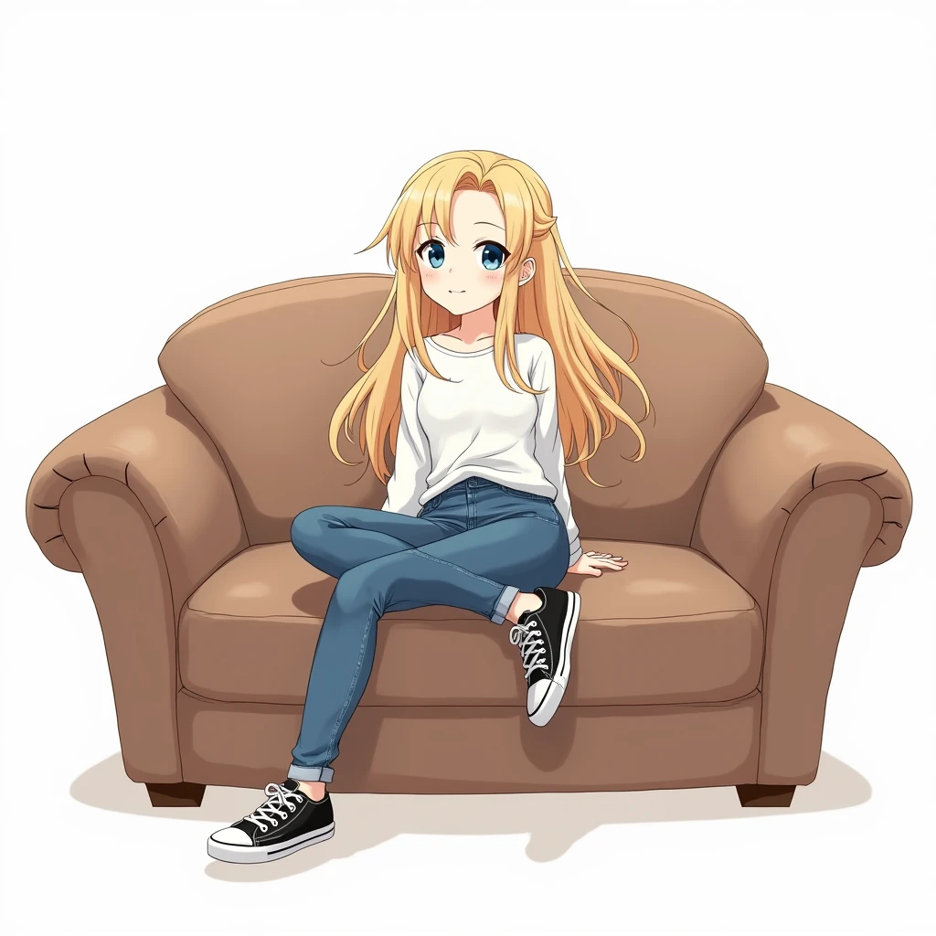 Create an image without a background
A blonde girl with blue eyes, She's wearing blue jeans, a white blouse and black sneakers

She's sitting on a brown couch

Anime style 