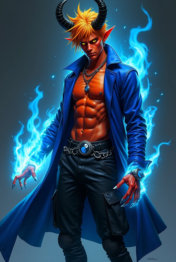Male demon age 20, greman, yellow eyes, orange yellow hair visual kei, evil eyes, long crazy smile, royal blue and black leather matrix long gabardine open, red orange skin, red horns, black cargo pants, only right arm on blue flames, cyberpunk japanese style, belt with a blue ying yang, chains around the belt, athletic, magic powers, action, cunning look, demon alligator legs, black cat nails, hit pose, black night background, uncovered head