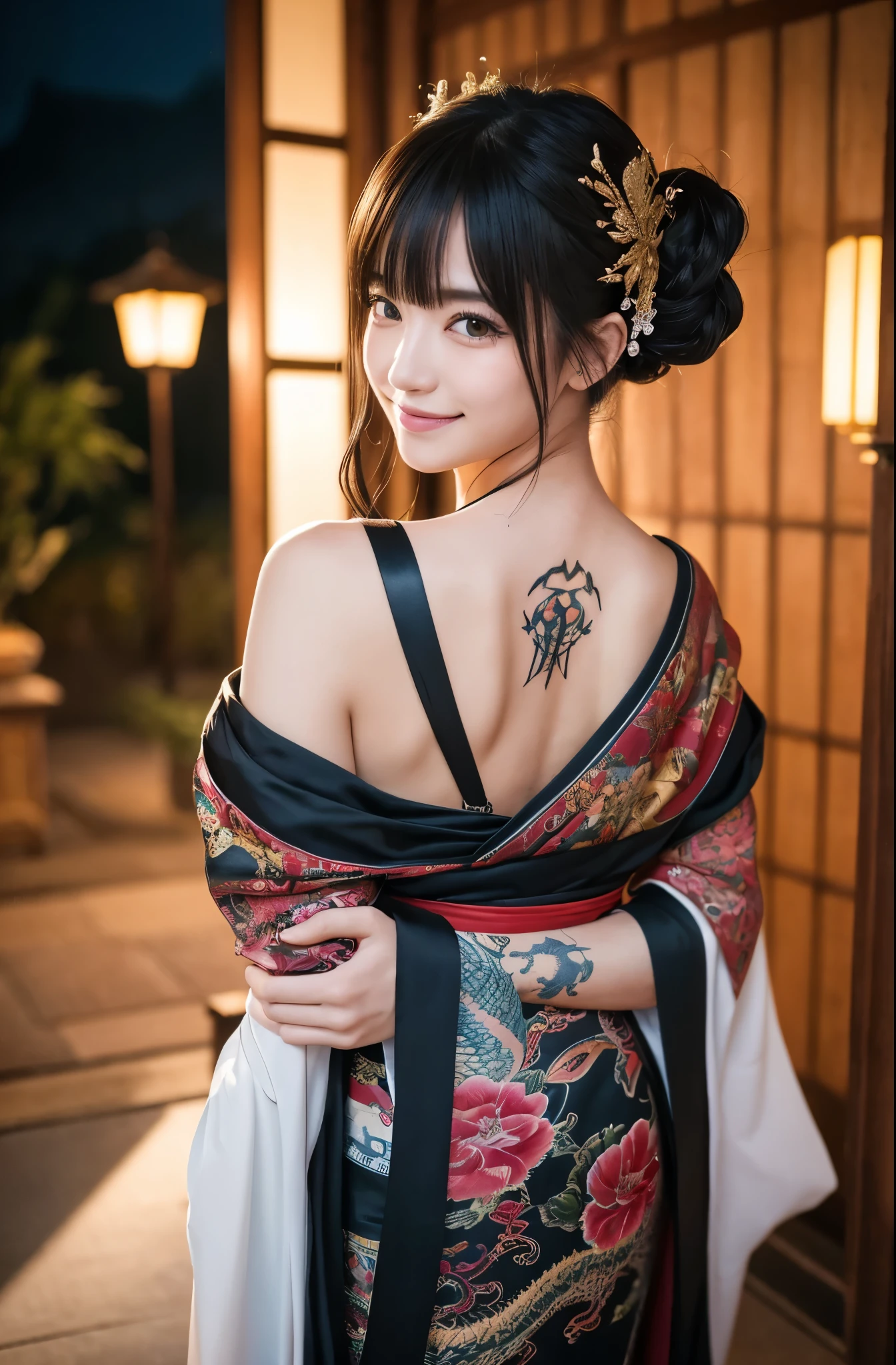8K Ultra HD, Digital SLR,Film Grain, Fujifilm XT3,(Highest quality:1.3), (masterpiece:1.1), High resolution, Cinematic Light, Intricate details, (Realistic) (Night view) Realistic backlight、ドラマチックなredトーンの光、Beautiful Japanese Geisha full body photo, ((Facial texture Pore details)), Grin、悪魔のようなsmile, Simple messy hairstyle, 伝統的な龍のモチーフが描かれたサテンの黒いkimonoを着て, Open shoulders, Colorful dragon tattoos all over the body, Long blade, Inside a traditional villa,White-hilted Japanese sword, 8k, Front blur,Ultra HD, Digital SLR,Film Grain, Fujifilm(8k, Highest quality, masterpiece:1,2), (Realistic, Realistic:1.37), Very detailed, one person&#39;s,), (Very detailed), (Detailed and beautiful eyes), (Highest qualityの), (Very detailed ), (masterpiece), (Detailed face),woman((1)), hair((red, Wavy, length)), eye ((red eye, big eye)), Clothes((kimono，big slit, redい花柄)), accessories ((Earrings, necklace)), Huge breasts, big , smile, background,長いhair，Red Clothes，Cowboy Shot