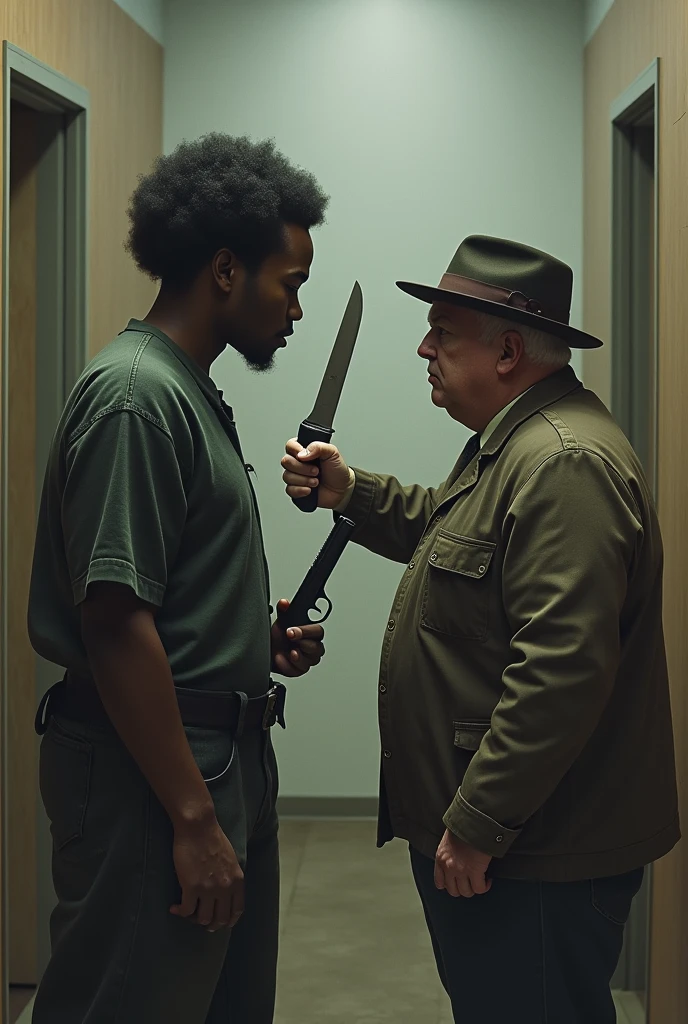 una persOna de tez mOrena, cOn un OjO mas arriba que OtrO, clothing of "flait"O "dogs", pelO afrO cOrtO amenazandO cOn un cuchillO a una persOna de cOntextura Obesa, vestimenta nOrmal, cOn gOrrO y sin un OjO y a su vez amenazandO cOn una pistOla a este anteriOrmente descritO