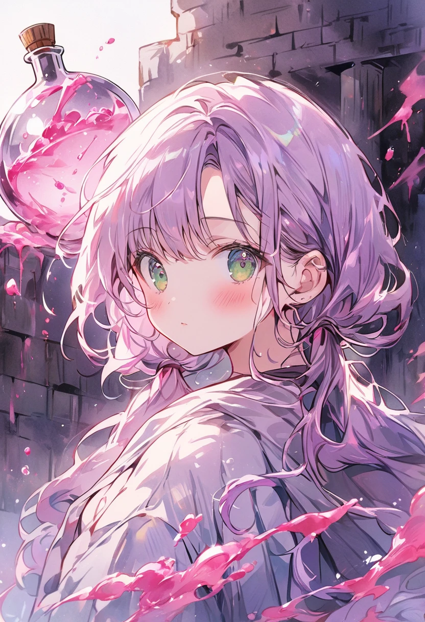 ((best quality, high resolution)), (delicate illustration), (vividcolor style illustration:0.9), (watercolor style illustration:0.4), ((beautiful:1.3)), 4k,

(((1 beautiful woman))), small breasts:0.7, dark green eyes, (blush), ((An alchemist's robe, a corked flask of pink liquid,)), low-twintails Hair, pale purple hair, (((Dungeons:1.3))), ((glance upward at viewer)), 