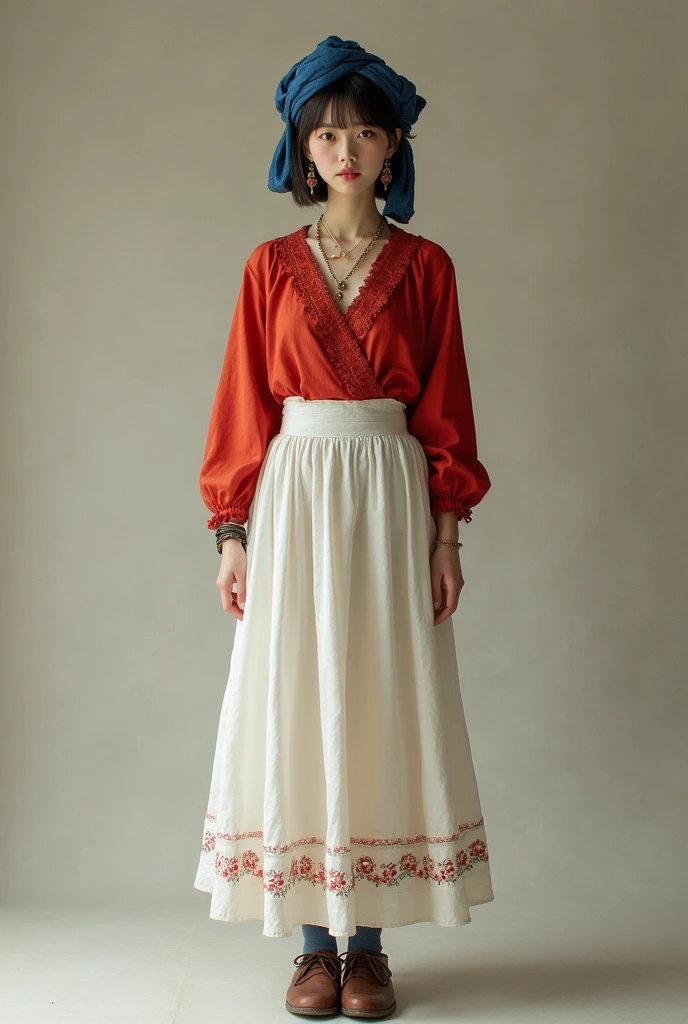 ((software: 1.4)), (software,彼女は白い刺繍の入った長いスカートをyesている, Red blouse with lace, small breasts, (flat chest:1.2), open legs, showing panties, white panties, Blue socks, Brown leather shoes.She has a blue scarf wrapped around her head. yes, Her accessories include necklaces., Earrings, bracelet. short hair, 1 person)), Ultra-high resolution, (Realistic: 1.4), RAW Photos, Highest quality, (PhotoRealistic Stick), concentrated, Soft Light, (()),  ((Japanese)), (( (Young Face))), (surface), (Depth of written boundary), masterpiece, (Realistic), woman, bangs, ((1 person))