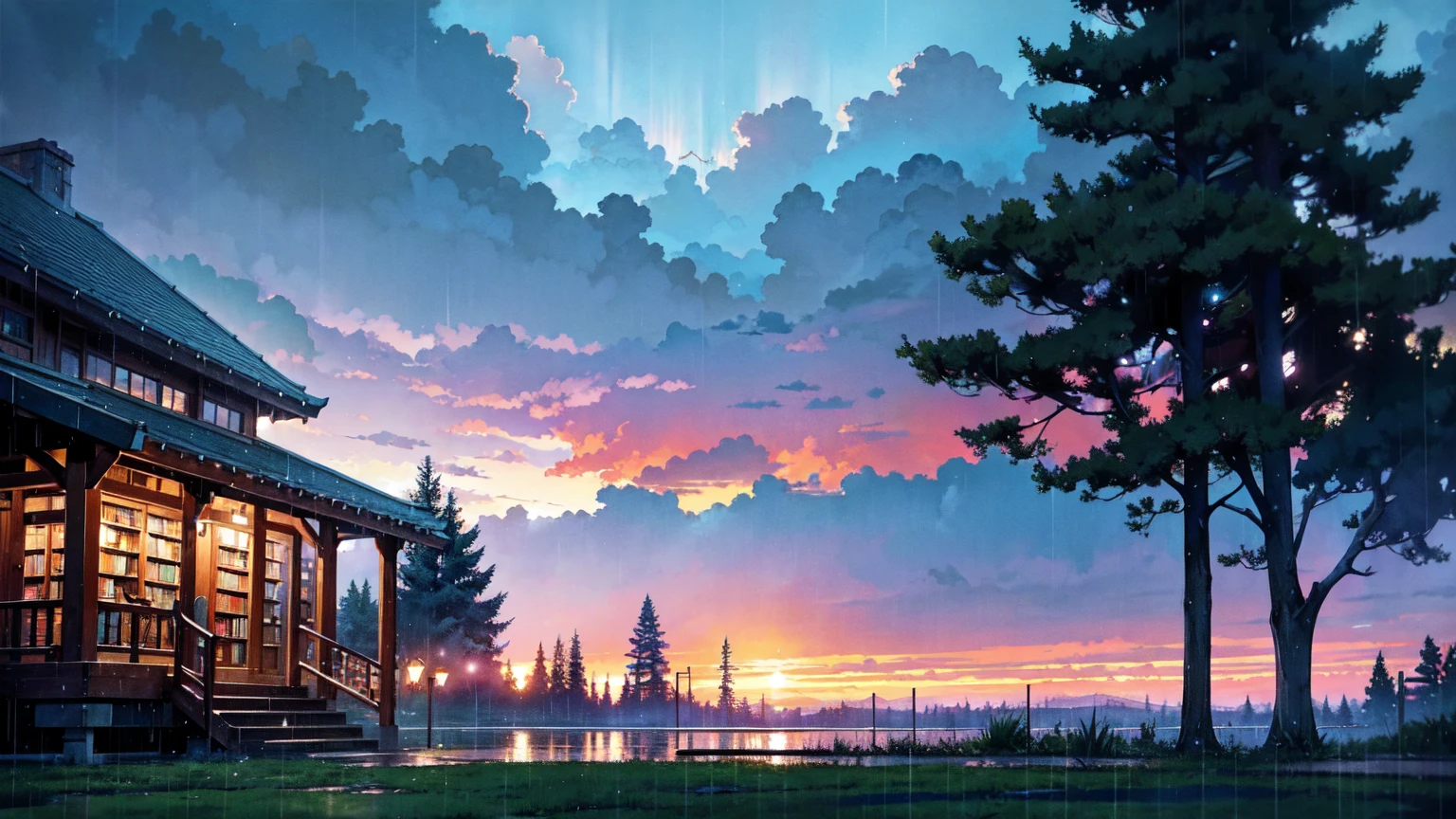 Colorful and bright picture. Nostalgic. Makoto Shinkai. A splendid Western-style library beyond the forest. Beautiful composition. Night, heavy rain. A western style library beyond the forest. Vivid. Rainy sky. Fantastic, with the forest in the foreground and the library in the background.