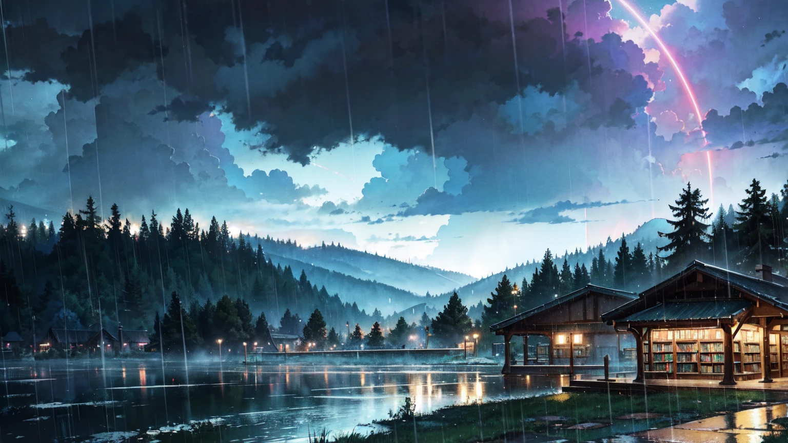 Colorful and bright picture. Nostalgic. Makoto Shinkai. A splendid Western-style library beyond the forest. Beautiful composition. Night, heavy rain. A western style library beyond the forest. Vivid. Rainy sky. Fantastic, with the forest in the foreground and the library in the background.