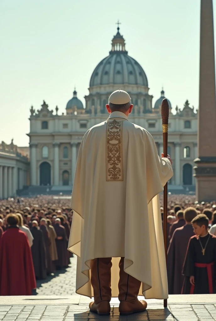 Scene set in St. Peter's Square in the Vatican. The focal point of this image is the Pope and the brown leather laceless, zippered, high-top boots that the Pope is wearing. The Pope wears a white robe with a mantle and holds a long papal staff. The backdrop is St. Peter's Square in the Vatican filled with people. The scene captures the moment of religious significance and the historical and artistic richness of St. Peter's Square. Ultrarealistic Ultrarealistic photo, 16k, ultra high resolution, photorealistic, Ultra HD