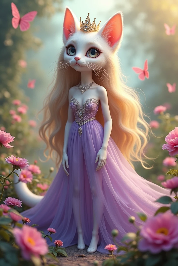 A white cat princess with long, yellow hair, very, very long hair, beautiful face, tall, big eyes, very cute, wearing a purple princess dress, a long dress with beautiful diamonds, can see the whole body, wearing high heels, wearing a crown, in her flower garden with butterflies flying.