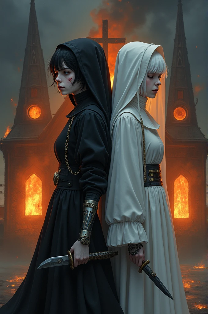 Two pale middle-aged pre-teens back to back with violet eyes, with the one on the left wearing dark alchemist clothes and with the left arm with a steampunk prosthesis holding a dagger with the symbol of Baphomet, short black hair and a cut on her face and the one on the right wearing white nun clothes holding a rosary with closed eyes and long white hair with a church in flames behind , the night