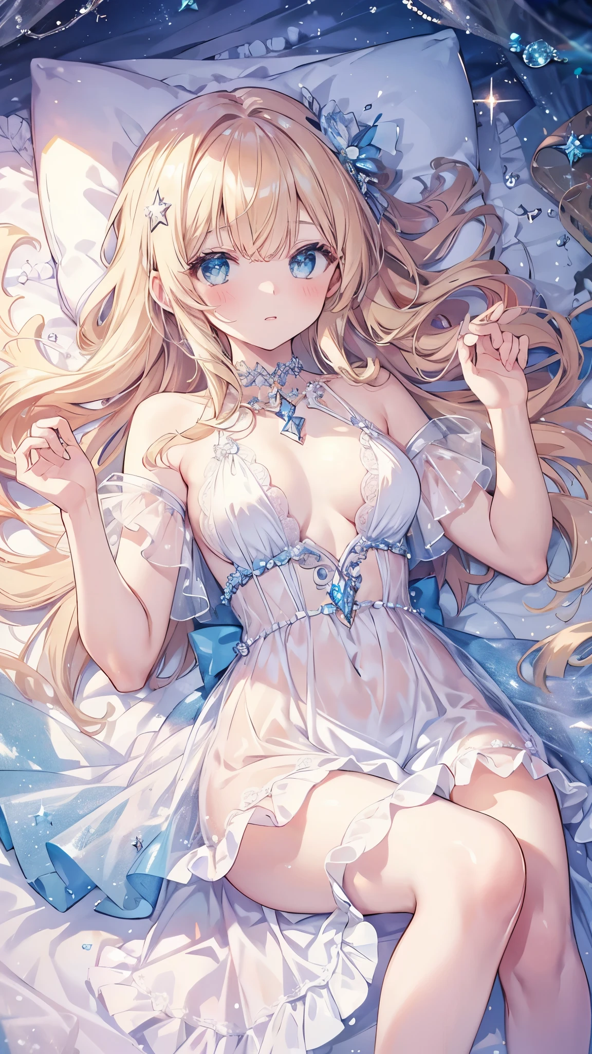 (Highest quality, highest resolution, super detailed, super detailed eyes, delicate eyes, sparkling eyes,) 1 girl, pale golden hair, long hair, soft hair loosely curled, pale aquamarine eyes, sparkling crystal stars floating in water, lying down, dress studded with crystal stars, big chest, star choker, sparkling star hair accessory, sea of ​​stars, exposed underboob