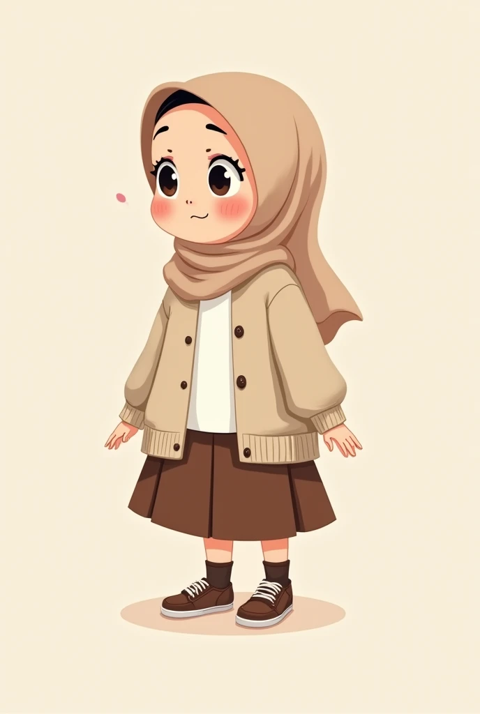 Cartoon with text:
(Masterpiece, best quality, 4k, expressive eyes, perfect face), cute and adorable girl, little cartoon girl, (beautiful face, detailed eyes), wearing beige hijab, (flat style,, hand drawn style, 2d style, Cartoon artstyle, toon style), (oversized beige cardigan, white shirt, brown skirt, brown socks, sketcher shoes, ((embarrassed, blush, wind blowing up her skirt, upskirt, skirt blowing upwards, pulling down her skirt)), (full body view, standing, Side view), ((perfect body anatomy, perfect legs, perfect posture)),