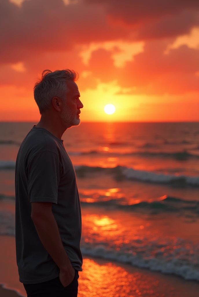 a middle-aged man standing on a beach, looking at the sunset over the sea, detailed face, beautiful detailed eyes, detailed nose and lips, tanned skin, relaxed expression, red and orange sunset sky, gentle ocean waves, sandy beach, warm lighting