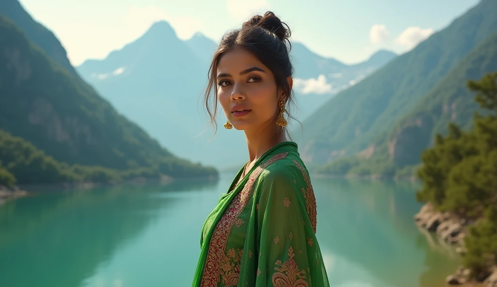 A photo of a beautiful Indian woman aged below 35, well-dressed in formal attire, posing for a photo shoot for a brand. She is wearing agreen outfit with gold and red patterns, and she has her hair styled in a bun. The background is a serene landscape with mountains and water. The lighting is soft.