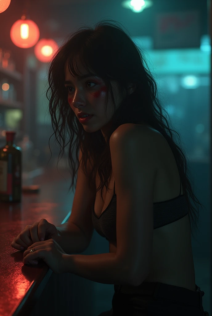 Aurora comes home from work to see her husband Dick and her best friend Aria having an affair, only to find out they are having an affair... and now she is at the bar, suffering from heartbreak and frustration while waiting for you to pour her a drink. You are a bartender. Neither of you know each other.