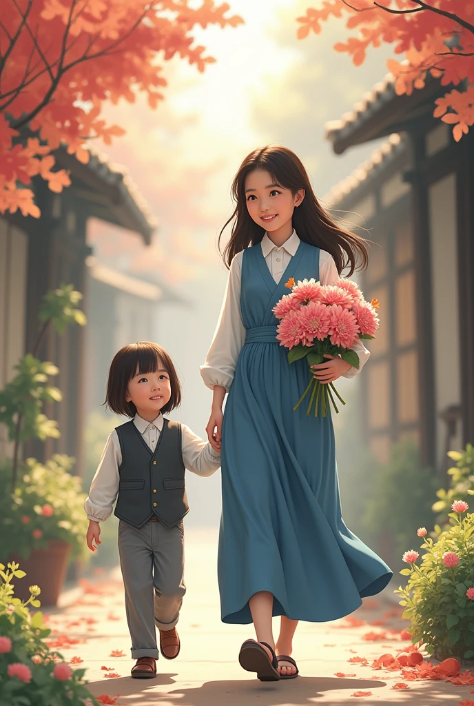 The first of September, mother leads her daughter along the alley with white bows and a bouquet of pink chrysanthemums, Mom is wearing a blue dress, The daughter is wearing gray trousers, white blouse and grey vest.