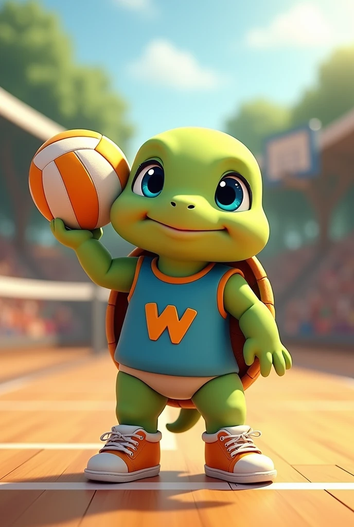 Waku, an adorable turtle with vibrant green skin and a rich brown shell, looks up with bright blue eyes shining with excitement, as if celebrating a triumphant spike, stands on a modern volleyball court covered with polished wooden floors, holding a volleyball in her hand, wearing a blue tank top with a stylized orange lowercase "W" logo on the chest, her tiny tennis shoes laced up and ready for the On the next serve, capturing the essence of its cheerful and competitive spirit, with soft, warm lighting casting a comforting glow on the overall scene. Waku is very happy and greets the audience present with a lot of love.