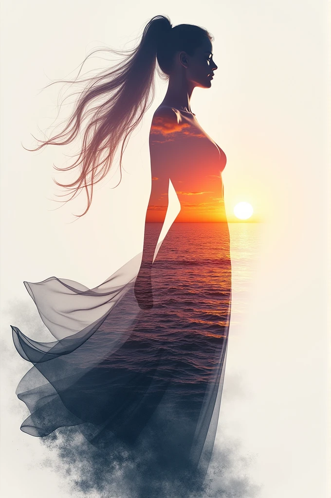 high quality, 8K Ultra HD, A beautiful double exposure that combines an goddess silhouette with sunset coast, sunset coast should serve as the underlying backdrop, with its details incorporated into the goddess , crisp lines, The background is monochrome, sharp focus, double exposure, by yukisakura, awesome full color,