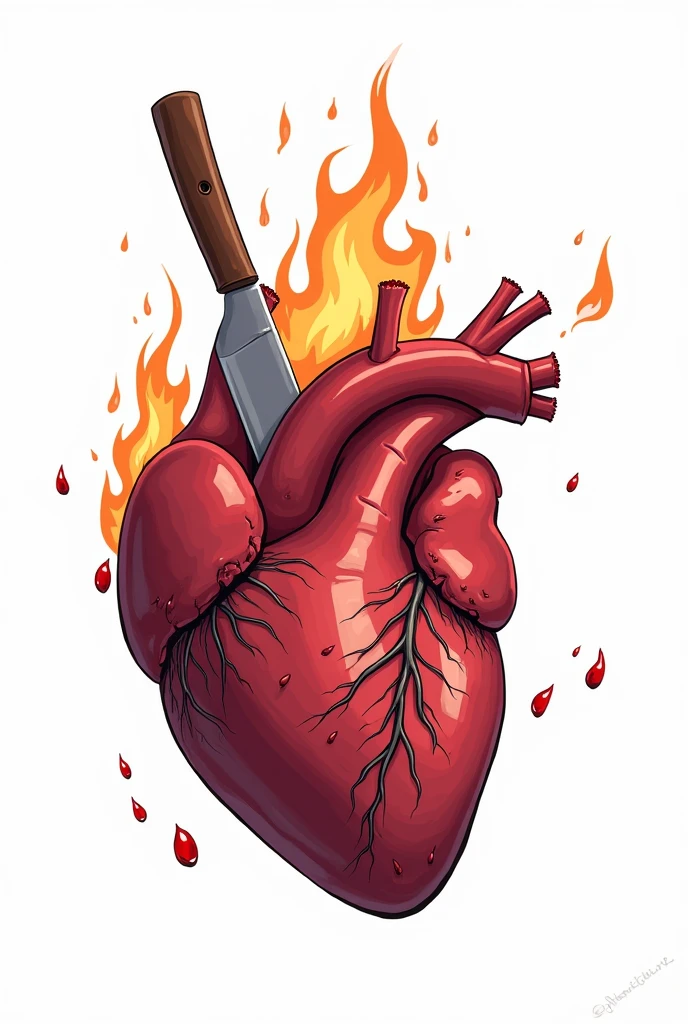 A heart organ stab with knife while burning and white background cartoon
