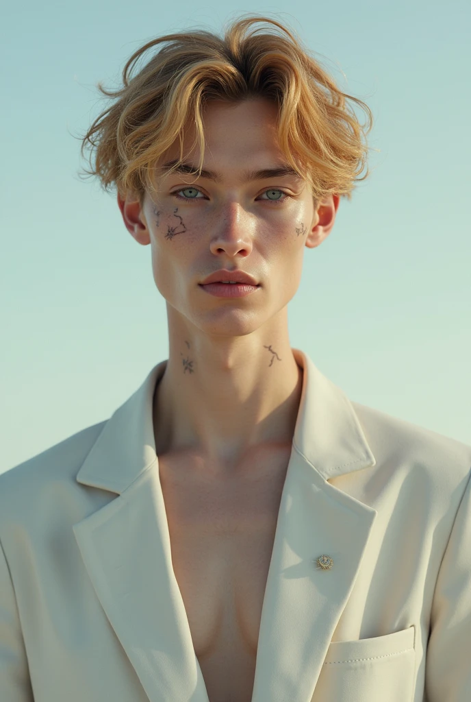 a young man, Tall, with a lean build. He has wavy, strawberry blond hair, Caribbean blue eyes, and scars across his pale, clear skin. His face is angular, with high cheekbones and a defined jawline. He is wearing loose pants but is shirtless. he is beautiful and has feminine features. delicate