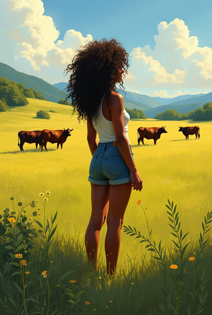 A Brazilian woman standing in a pasture, standing backwards, curly hair, watching the cattle graze in the distance. It's a sunny day, is venting. illustration, brush strokes, acrylic paint
