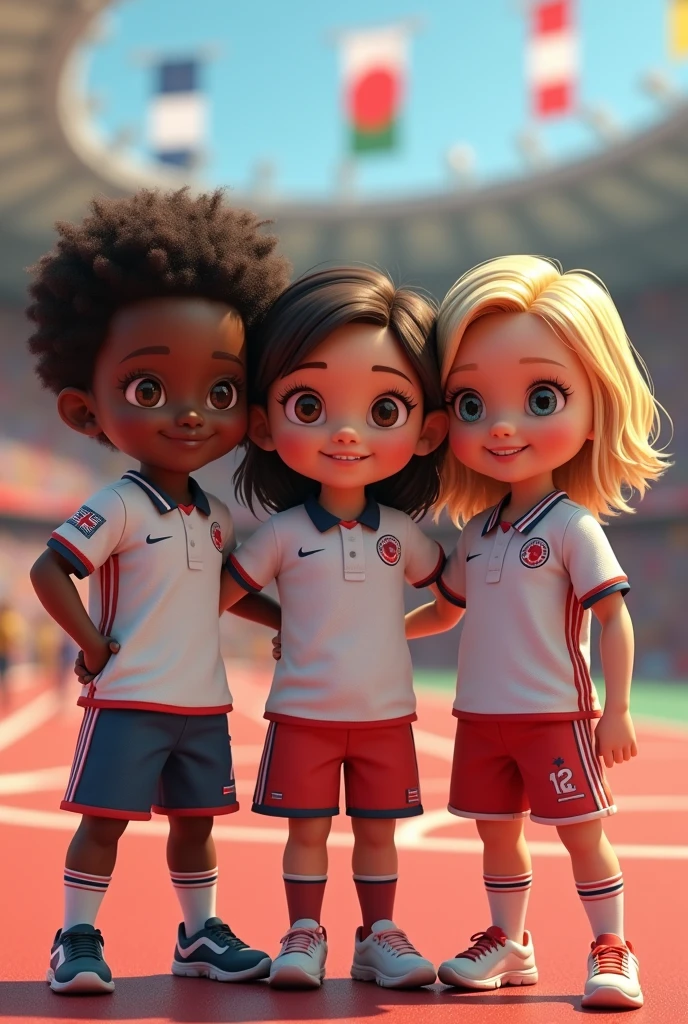 Children of different nationalities in Olympic clothing representing respect Place a black child, Asian, blonde,